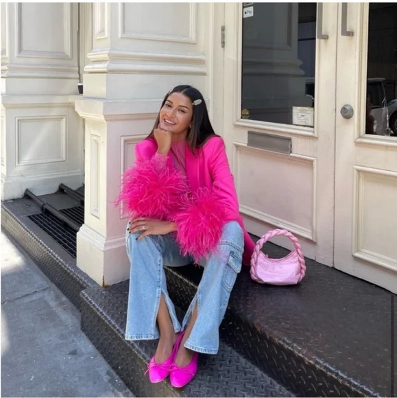 Zara Straight Cut Pink Feather Blazer NWT Size S - Picture 6 of 14